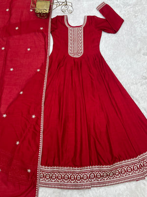 Vichitra Silk Embroidered Gown Set – Dark Red