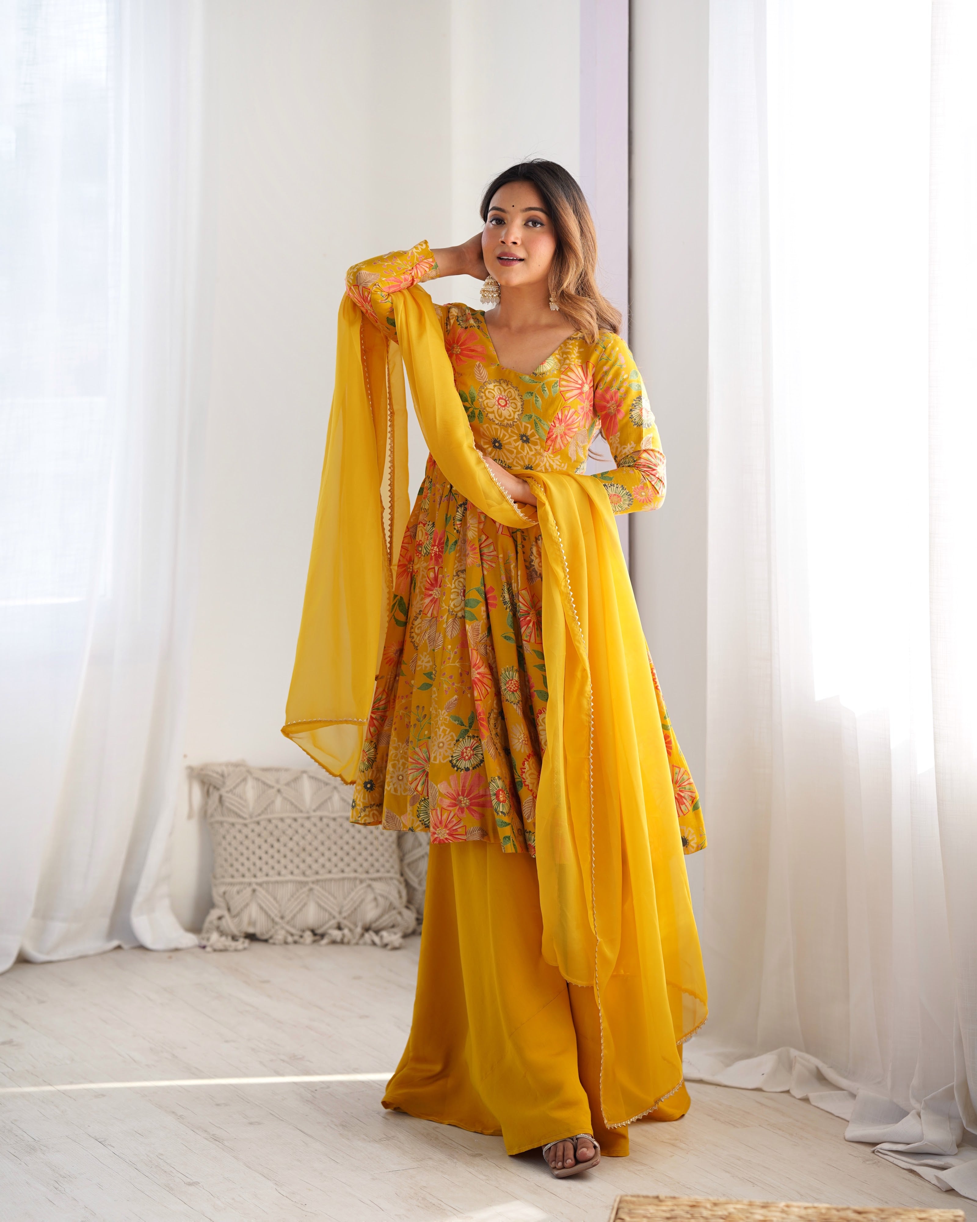 Roman Chanderi Silk Printed Kurta-Palazzo Set – Yellow