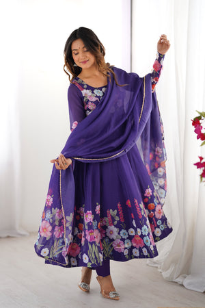 Organza Silk Printed Anarkali Set – Purple