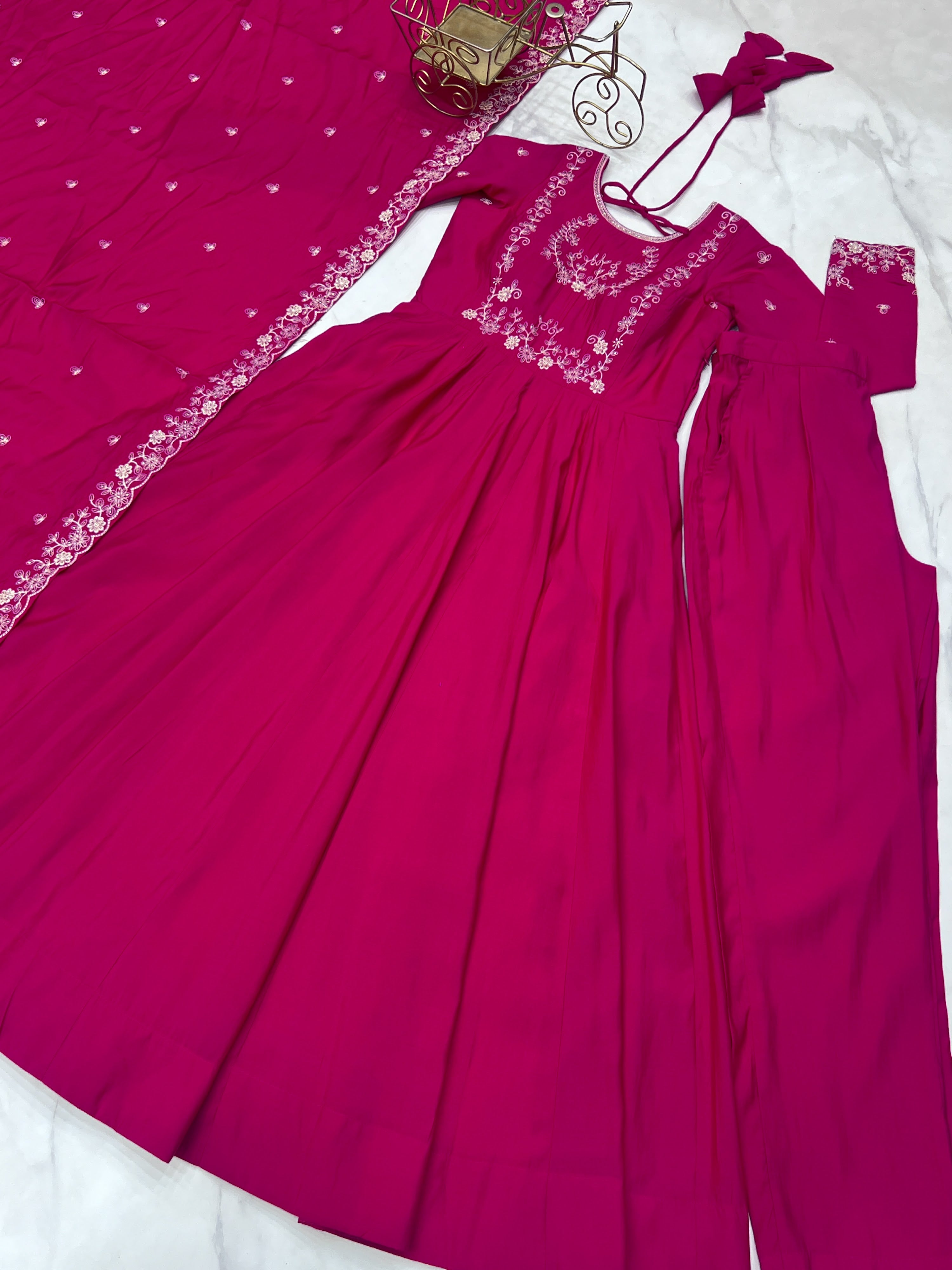Roman Shimmer Silk Embroidered Anarkali Set – Rani Pink