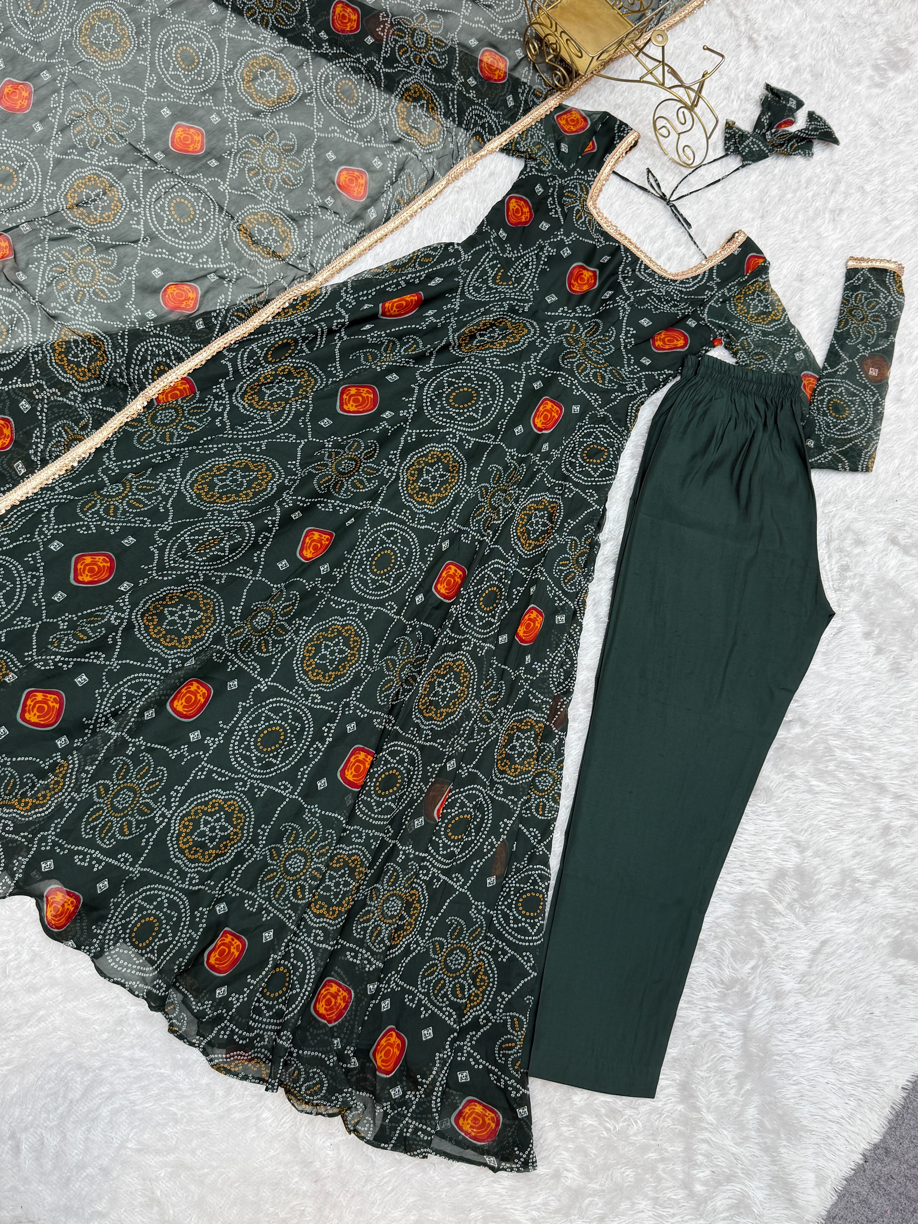 Soft Lightweight Chiffon Bandhej Fabric Inner Micro Cotton Embroidered Anarkali Set – Green