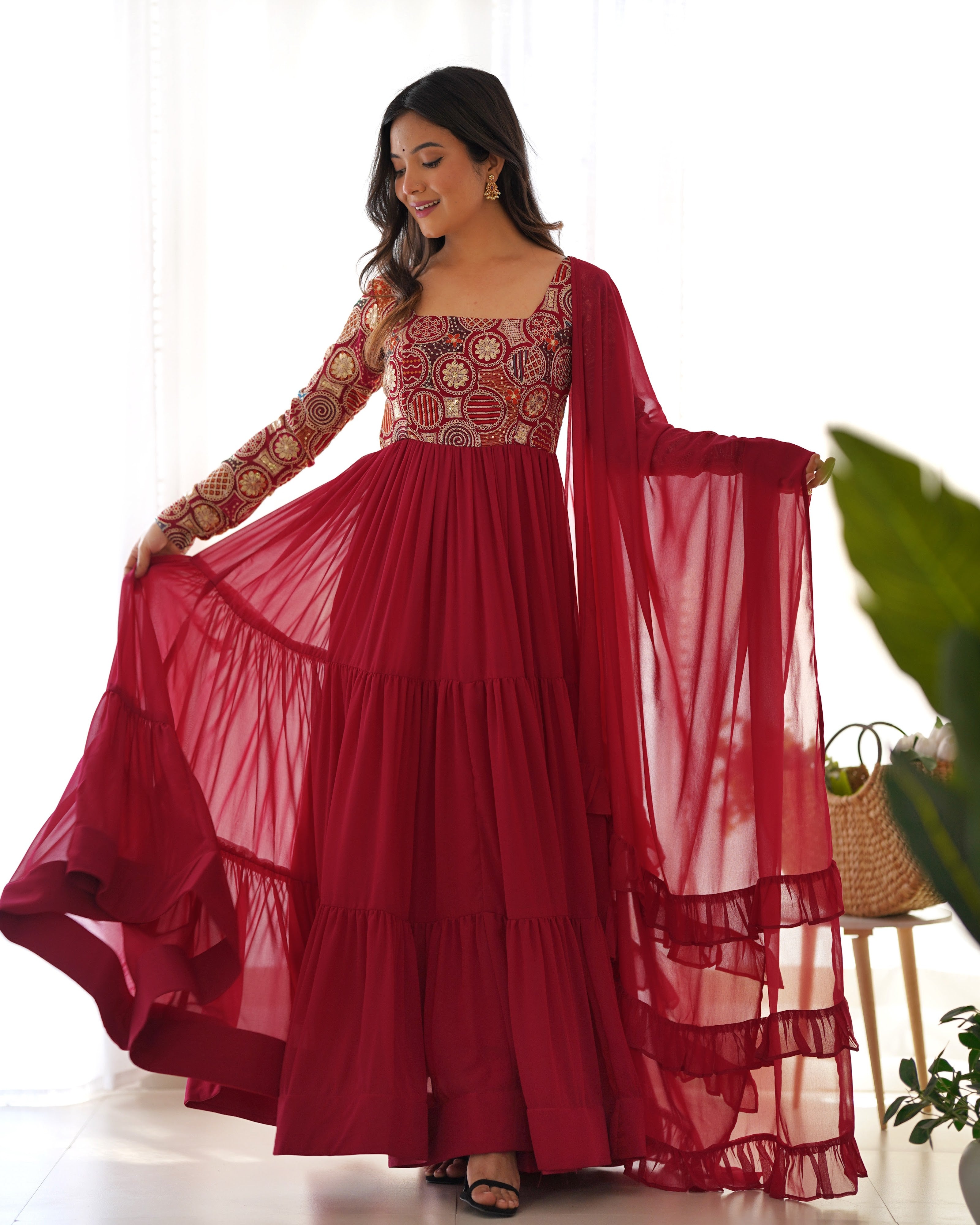 Georgette Embroidered Anarkali Set – Wine