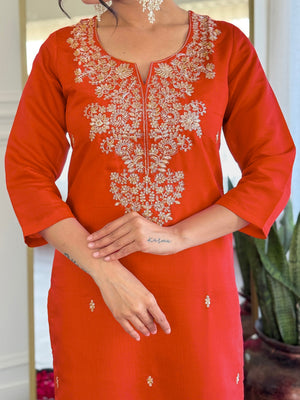 Roman Silk Embroidered Kurta Pant Dupatta Set – Rust Orange