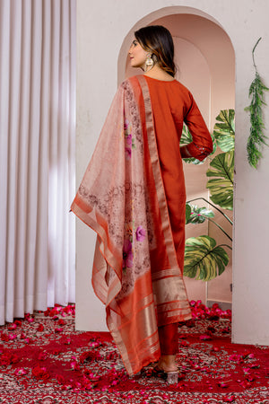 Viscose Silk Embroidered Straight Kurti Set – Orange