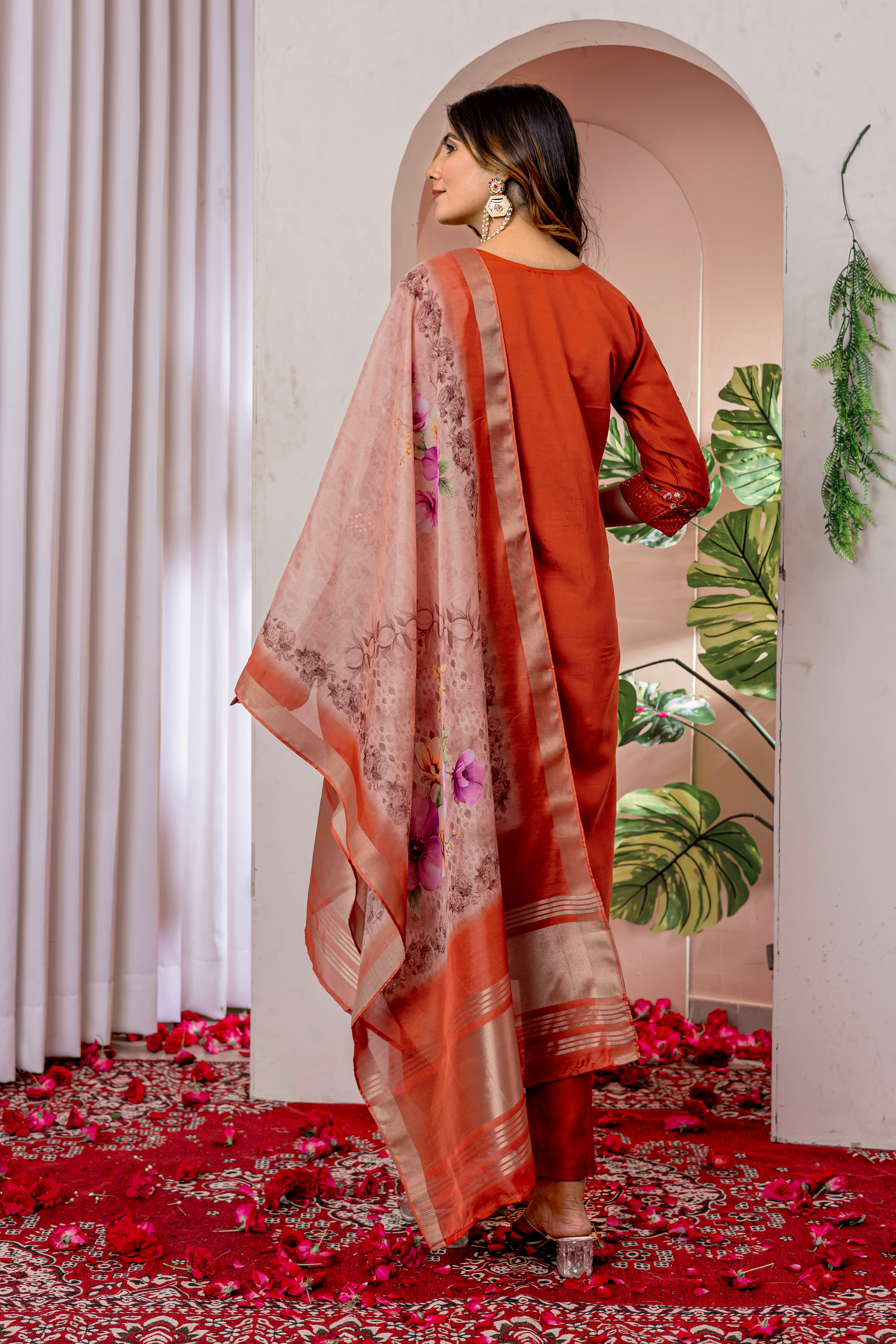 Viscose Silk Embroidered Straight Kurti Set – Orange