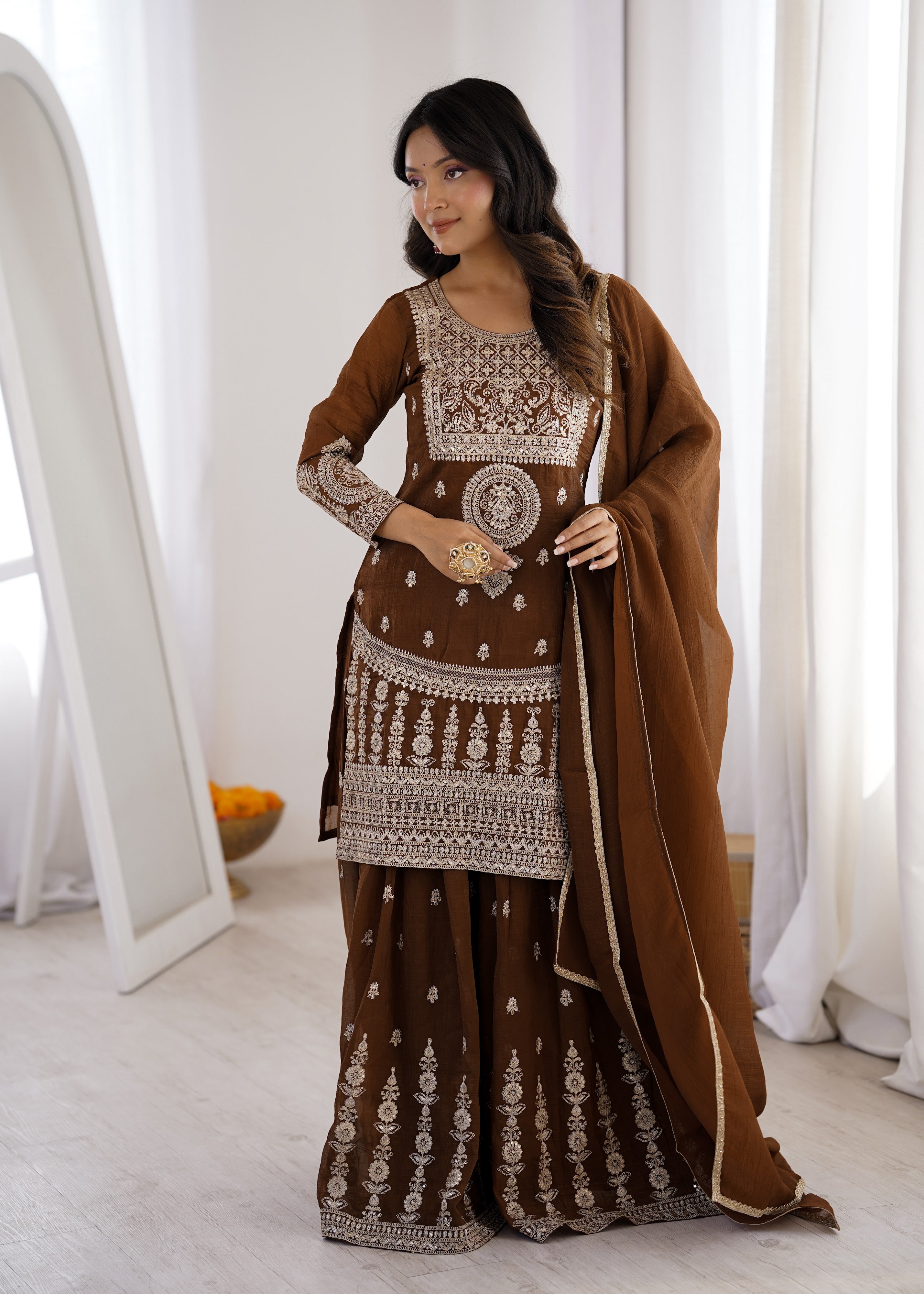 Crunchy Silk Embroidered Sharara Set – Coffee Brown