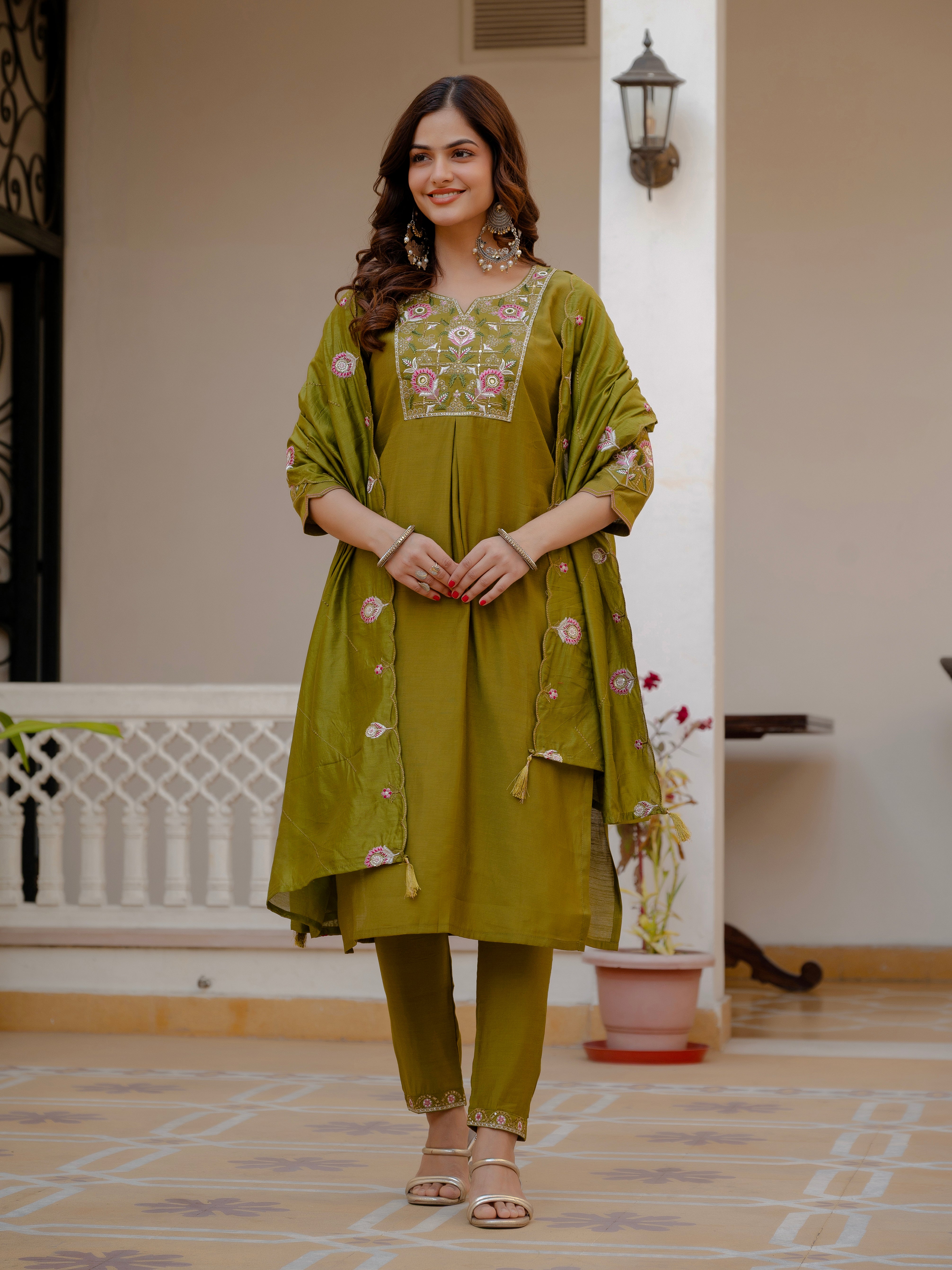 Pure Viscose Mango Silk Embroidered Straight Kurti Set – Mahendi Green