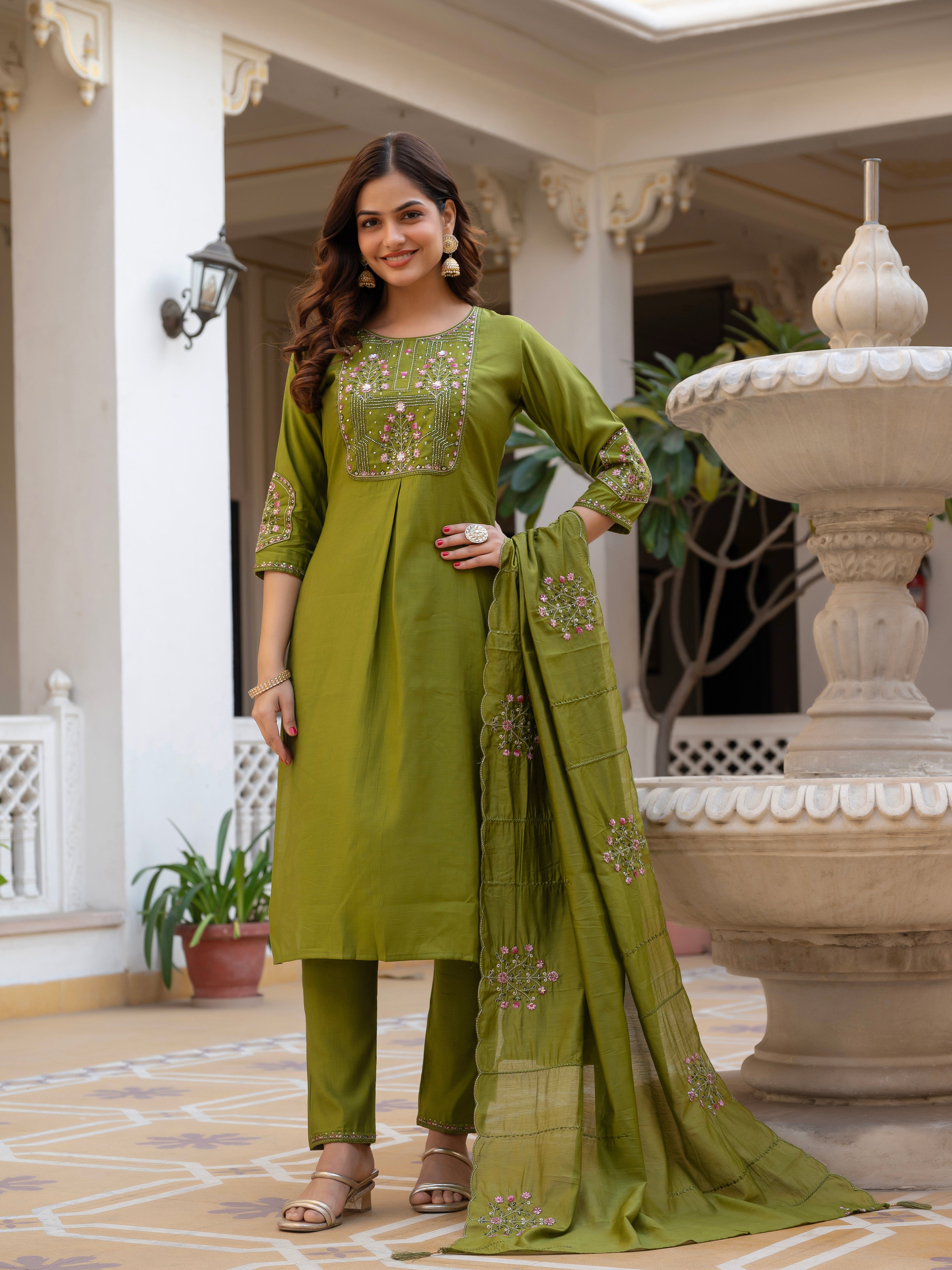 Pure Viscose Mango Silk Embroidered Straight Kurti Set – Mhendi Green