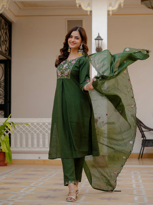 Pure Viscose Mango Silk Embroidered Straight Kurti Set – Green