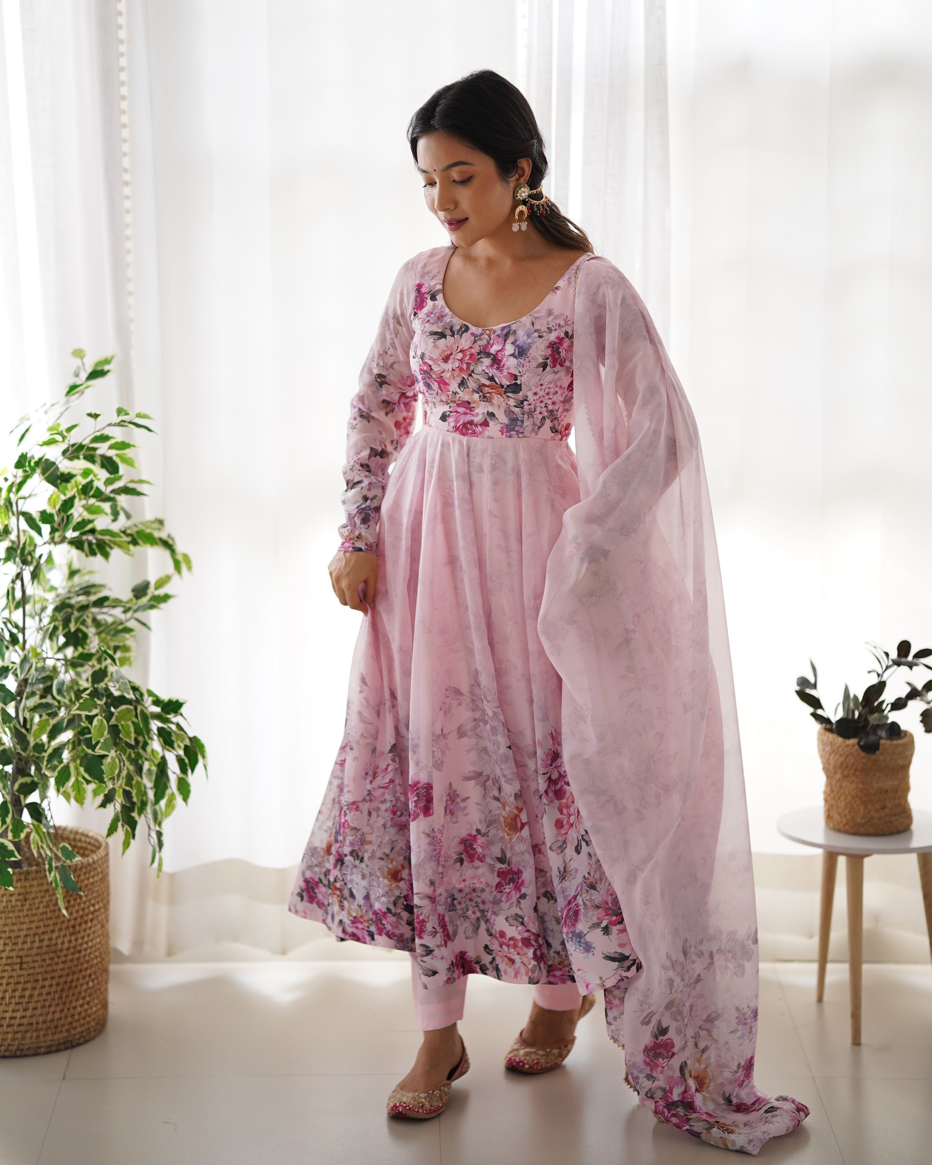Organza Silk Printed Anarkali Set – Pink