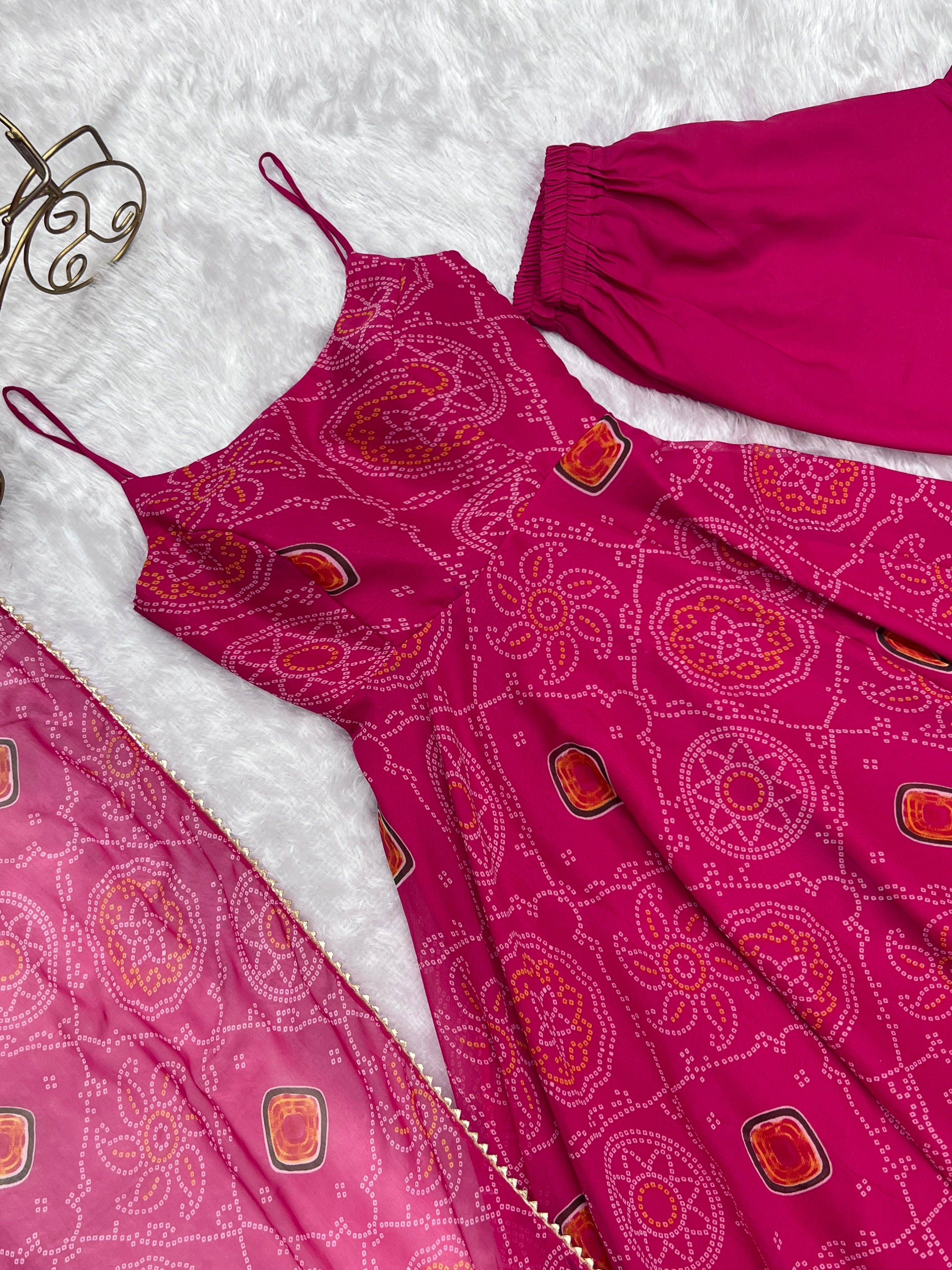 Soft Lightweight Chiffon Bandhej Embroidered Gown Set – Pink