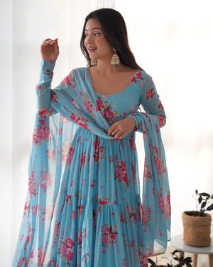 Georgette Printed Anarkali Set – Blue