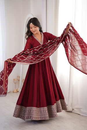 Vichitra Silk Embroidered Gown Set – Maroon
