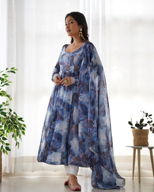 Organza Silk Printed Anarkali Set – Navy Blue
