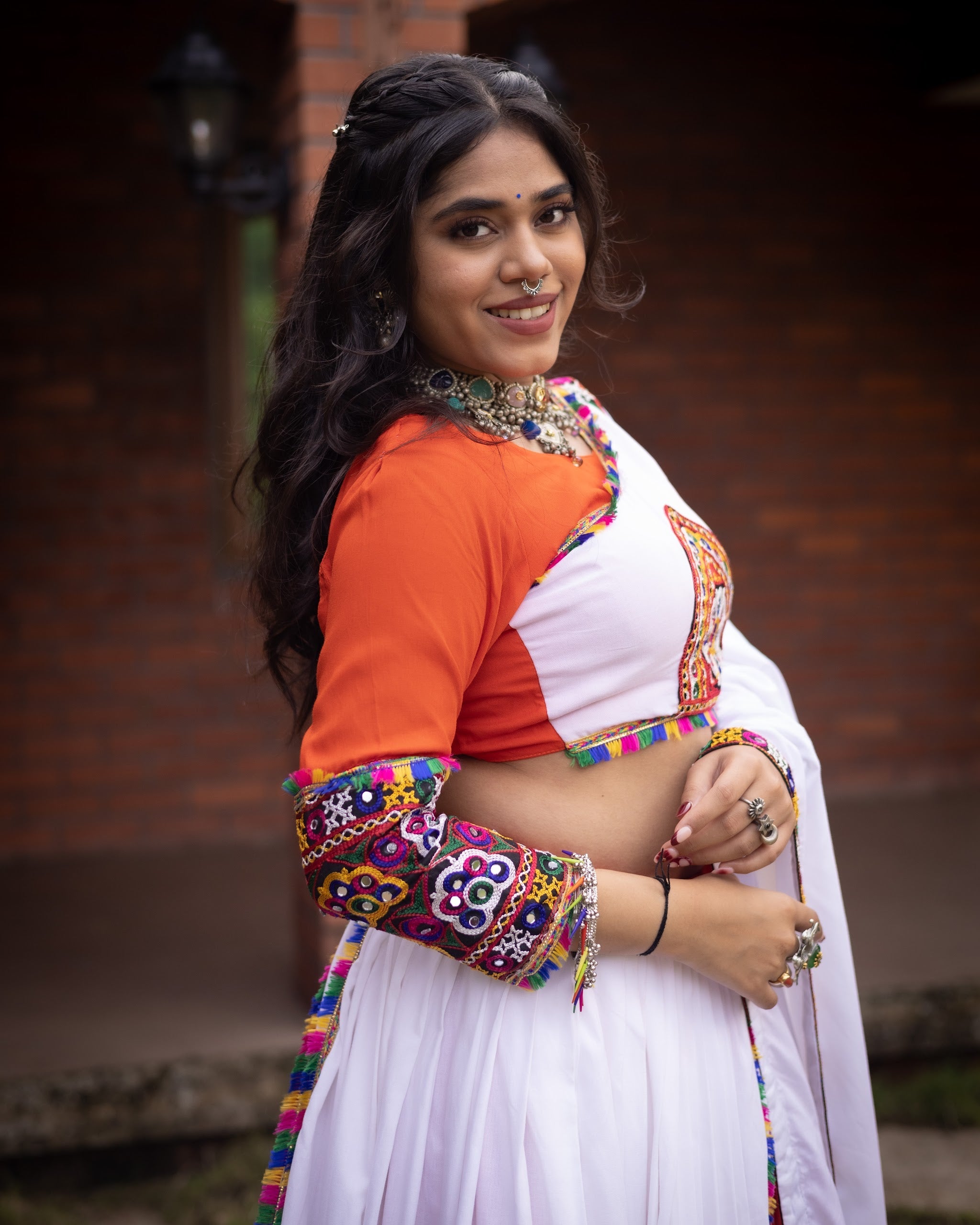 Navratri Orange White Arches Patch Work Lehenga Set