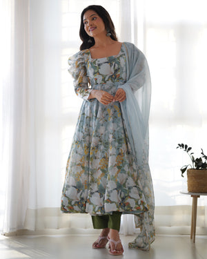 Organza Silk Printed Anarkali Set – Powder Blue Floral