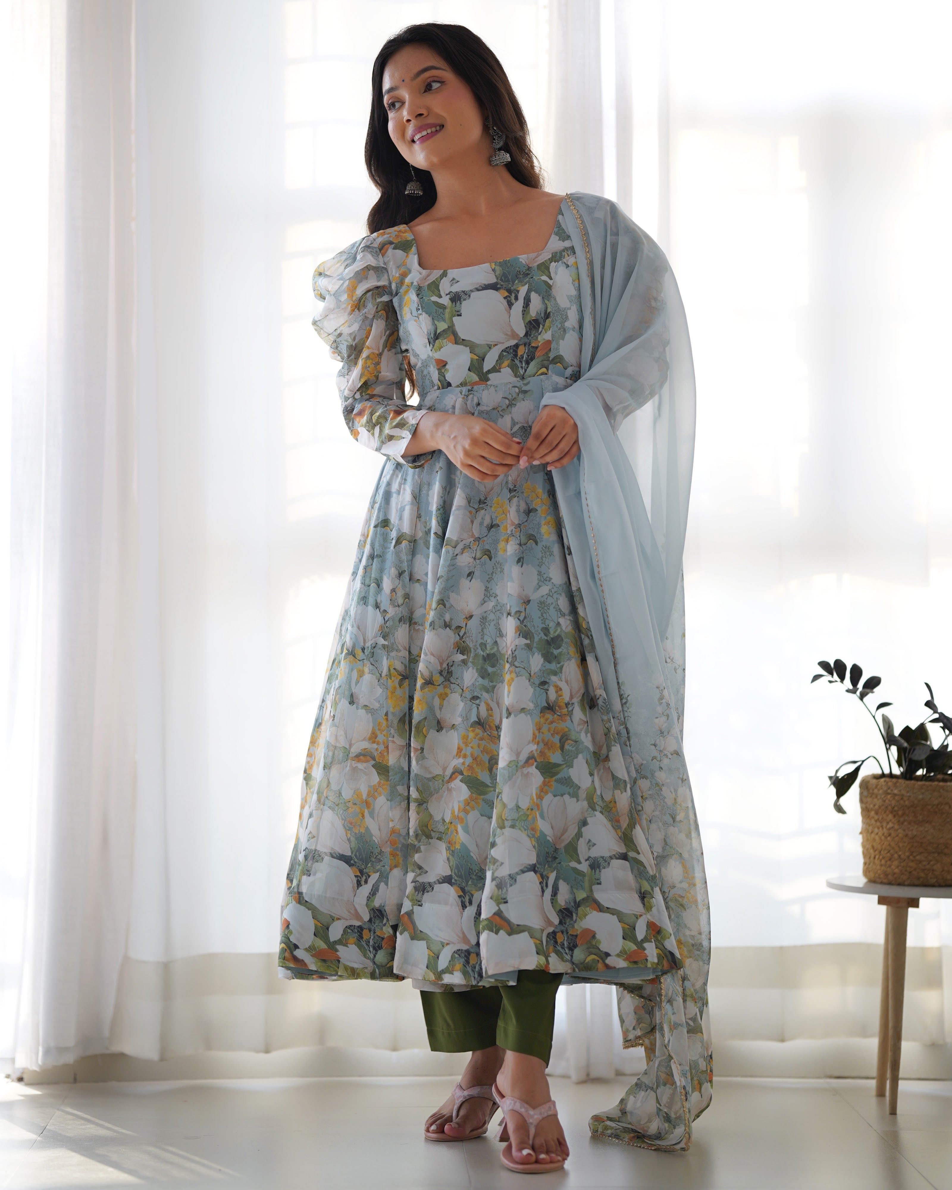 Organza Silk Printed Anarkali Set – Powder Blue Floral