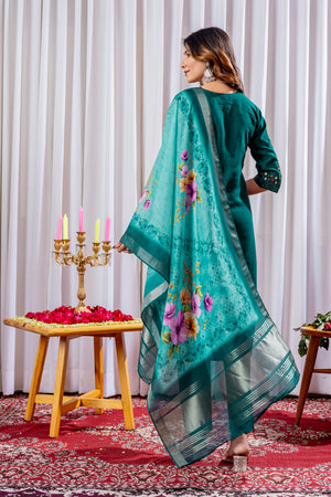 Viscose Silk Embroidered Straight Kurti Set – Green