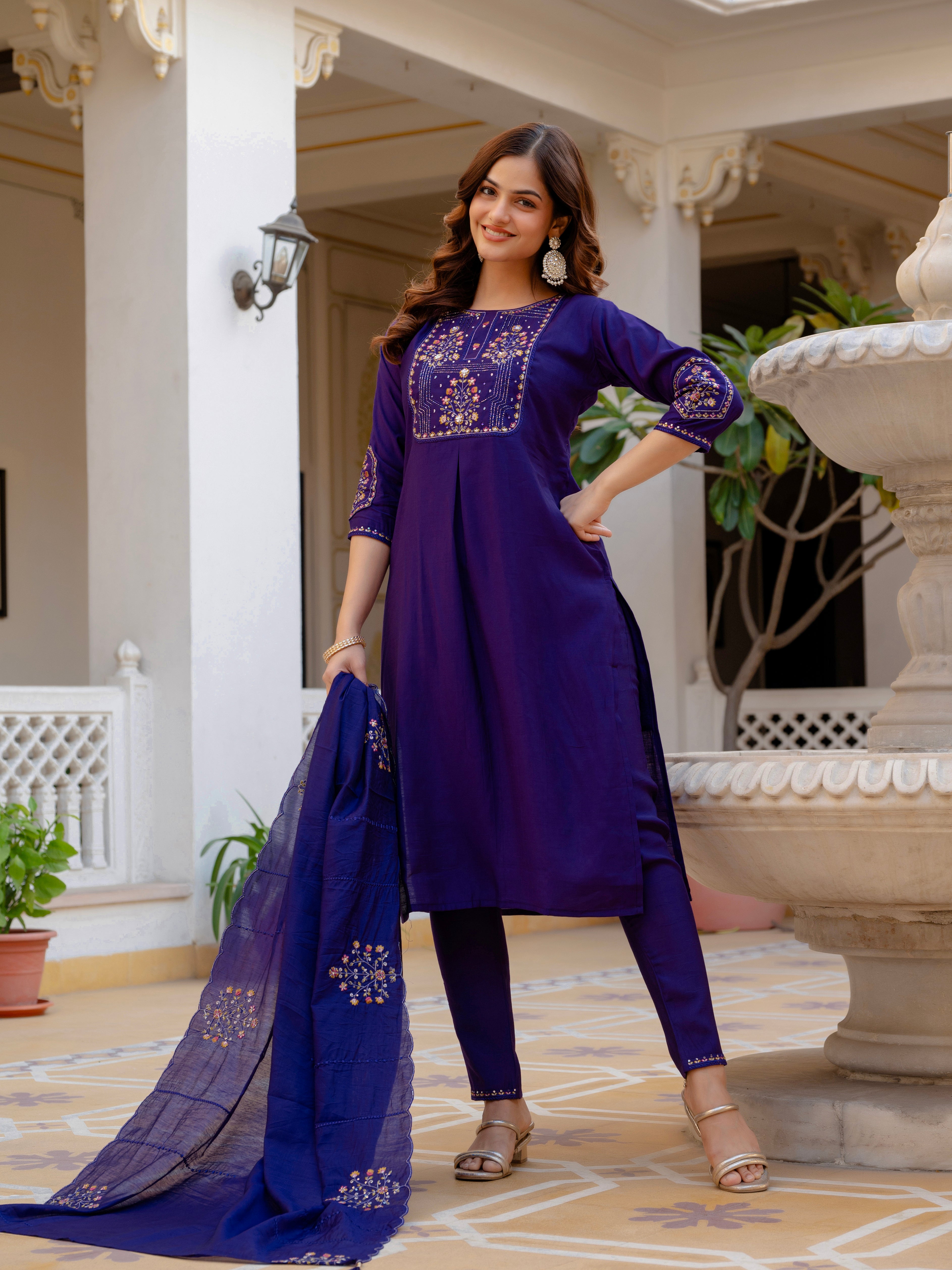 Pure Viscose Mango Silk Embroidered Straight Kurti Set – Violet