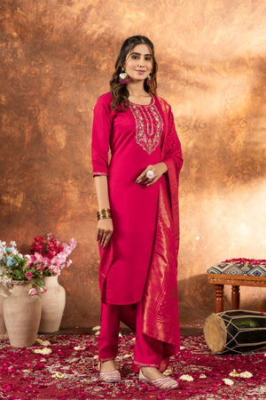 Marina Silk Embroidered Straight Kurti Set – Pink