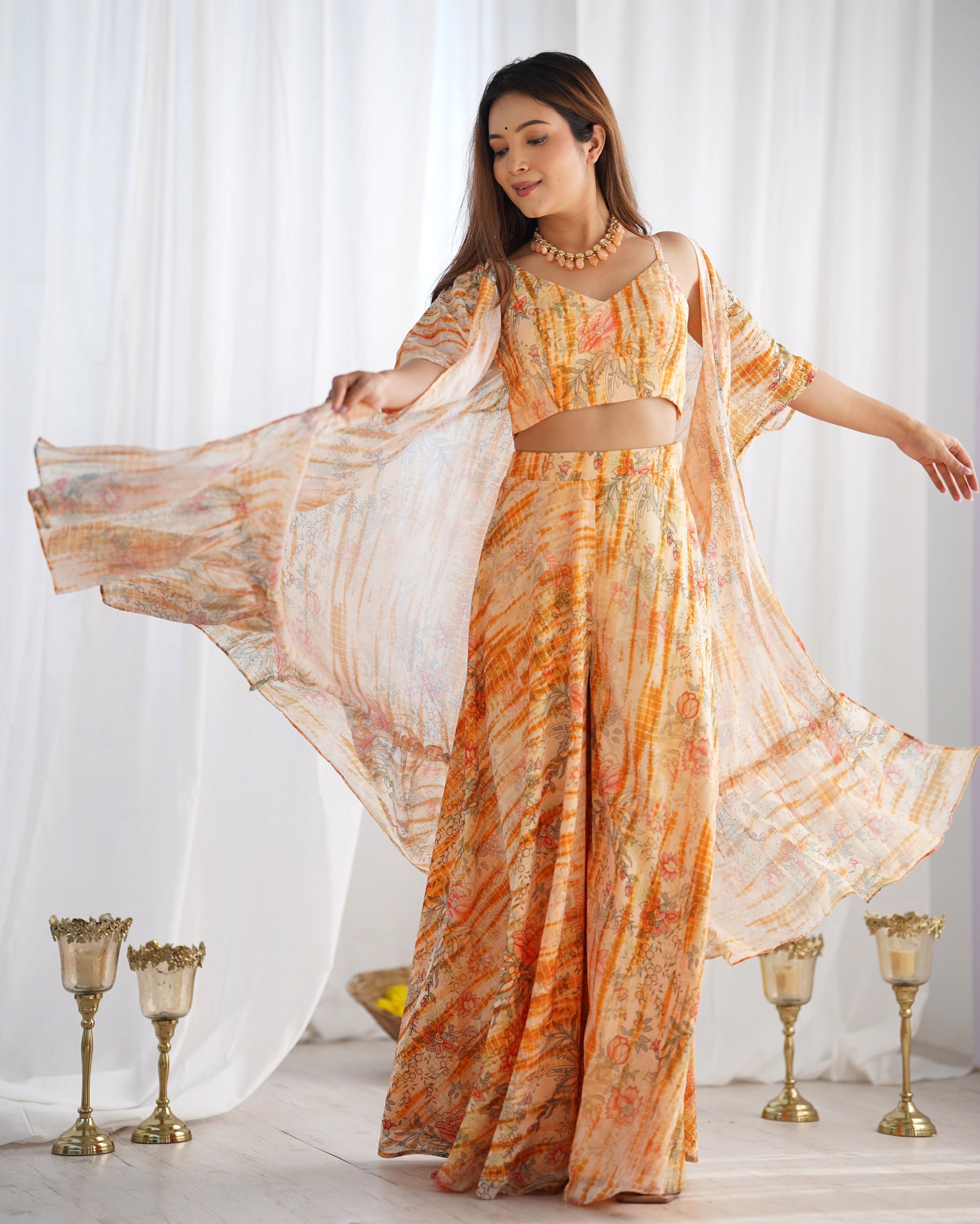 Georgette Printed Kurta-Palazzo Set – Peach Floral