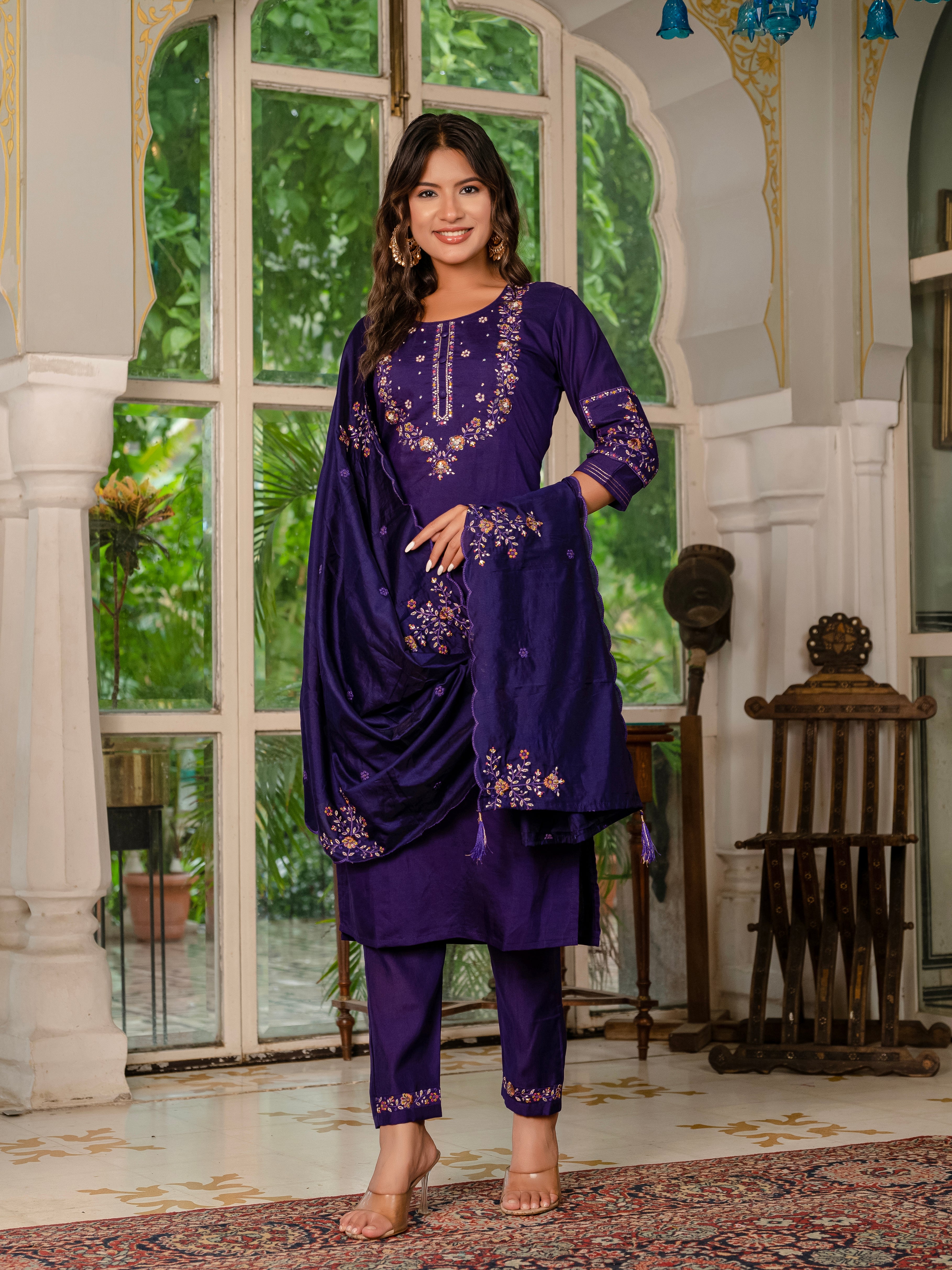 Marina Silk Embroidered Straight Kurti Set – Violet
