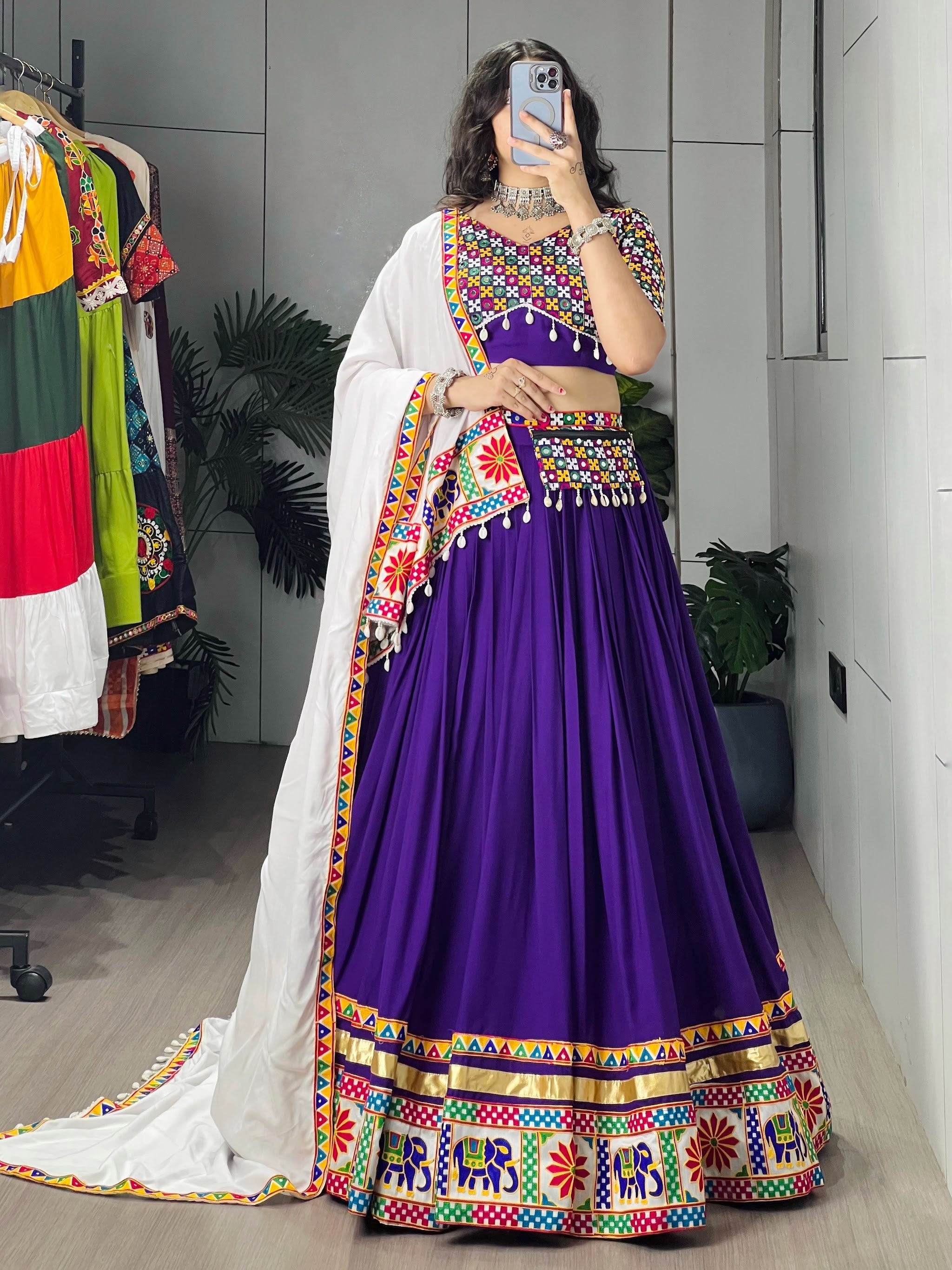 Navratri Purple White Shyama Lehenga Set