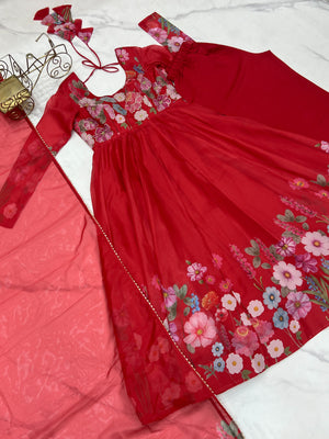 Organza Silk Printed Anarkali Set – Red