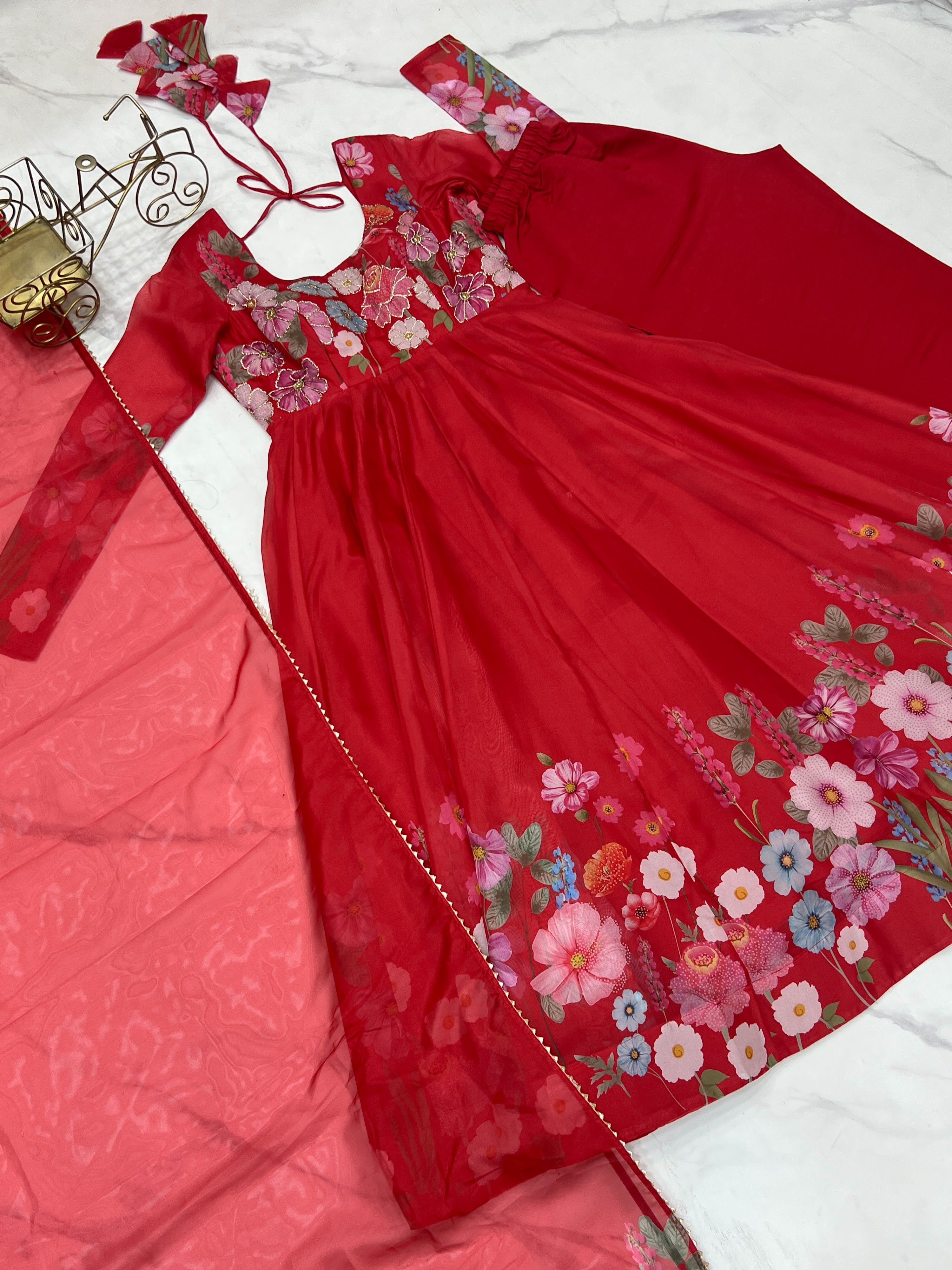 Organza Silk Printed Anarkali Set – Red