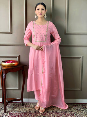 Rayon Slub Embroidered Kurta Pant Dupatta Set – Pink