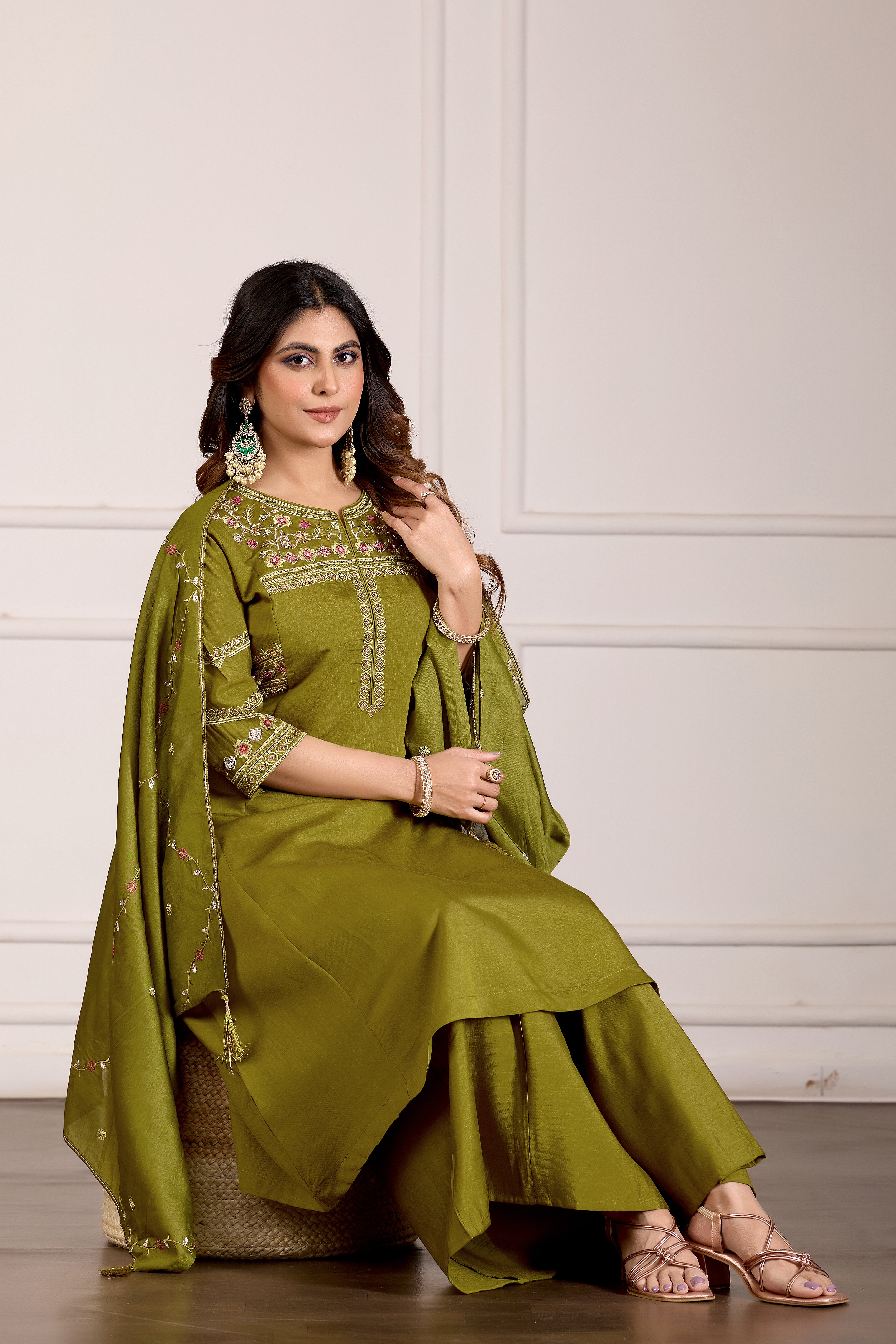 Viscose Mango Silk Embroidered Anarkali Kurti Set – Mahendi Green
