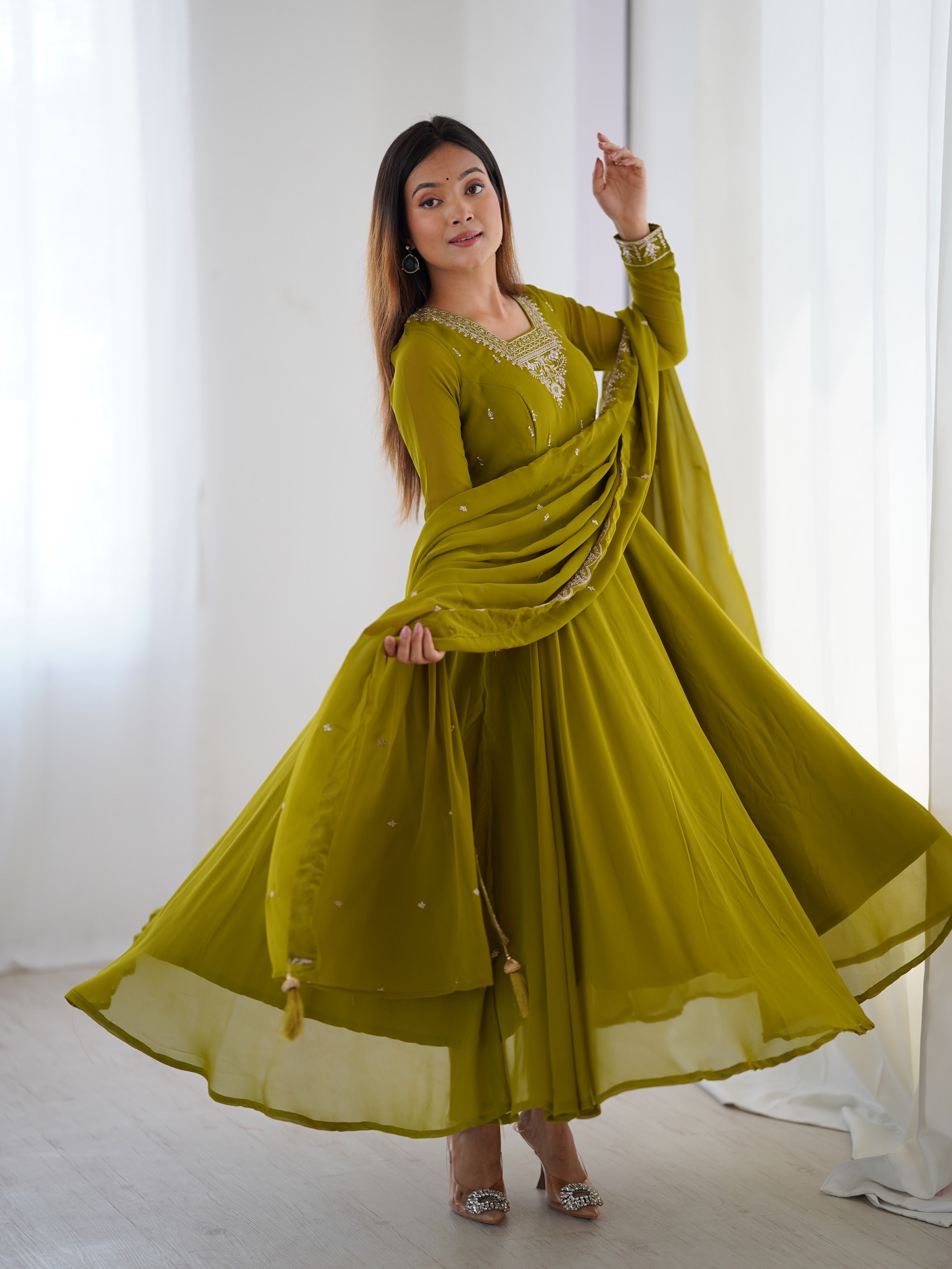 Georgette Embroidered Anarkali Set – Mehndi Green
