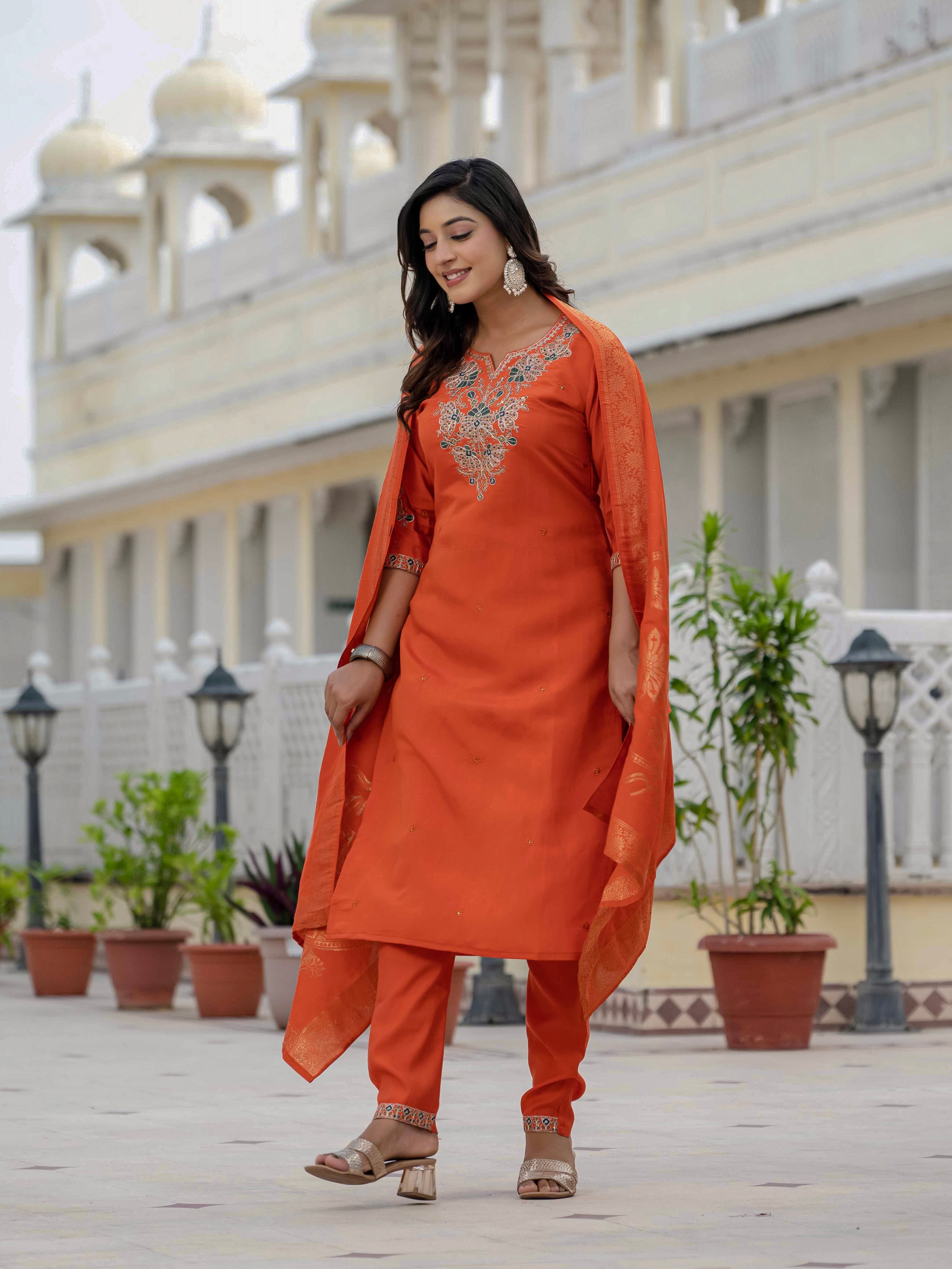 Premium Roman Silk Embroidered Straight Kurti Set – Orange