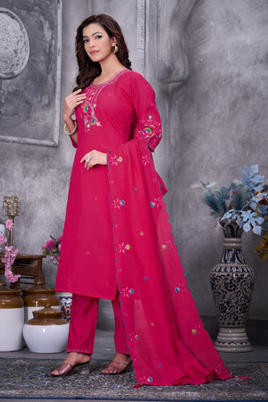 Roman Silk Embroidered Straight Kurti Set – Red