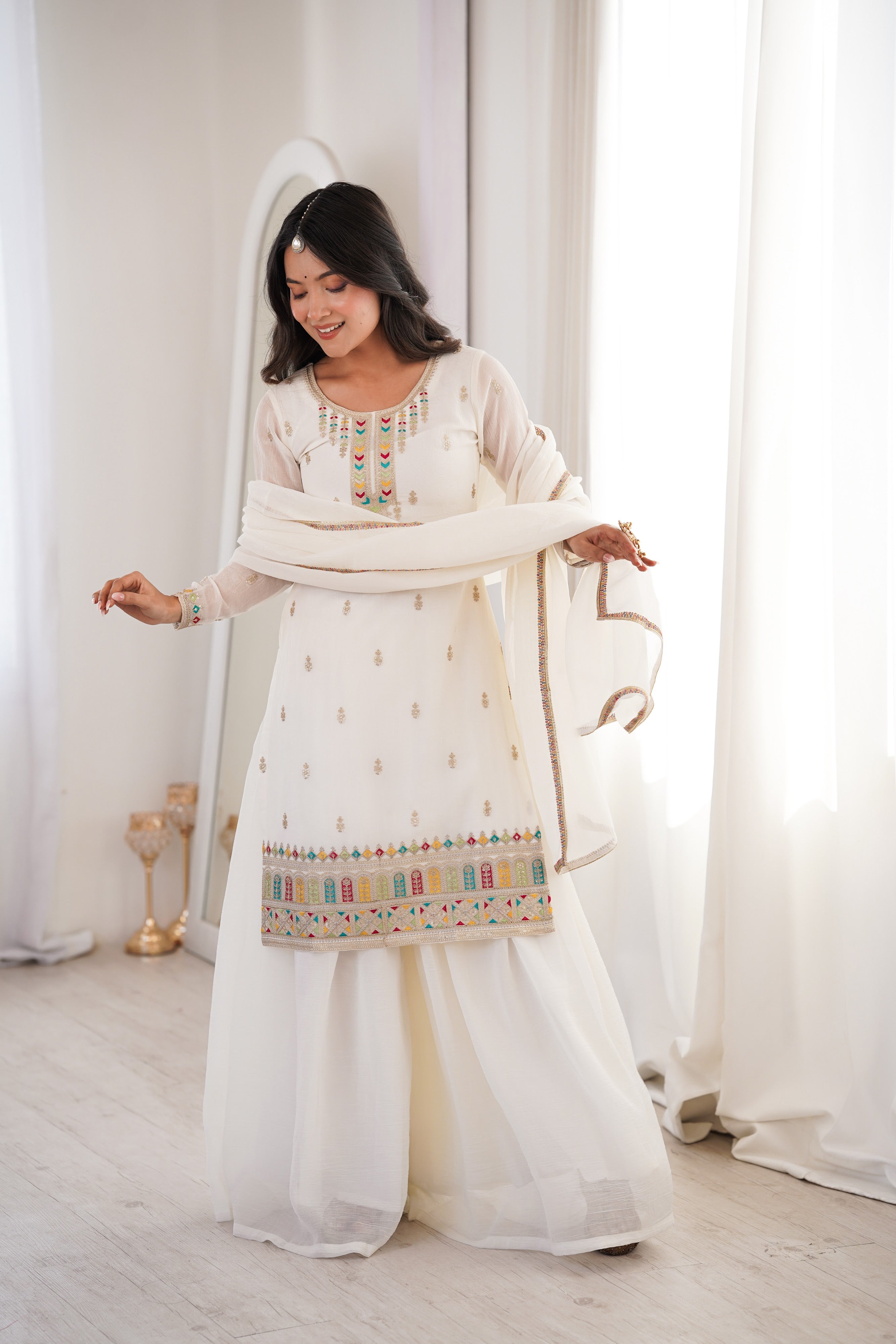 Crunchy Silk Embroidered Kurta-Sharara Set – White