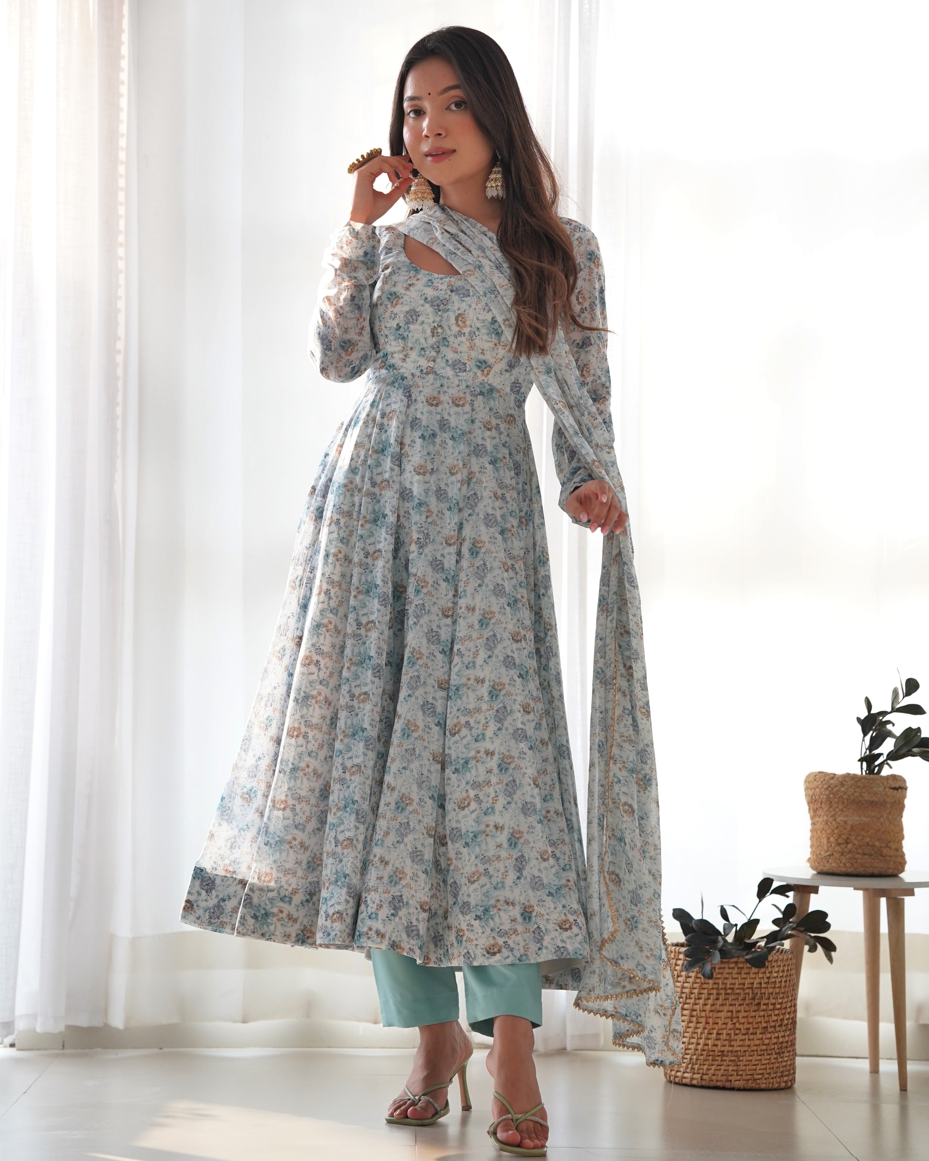 Heavy Orange Chiffon Floral Print Printed Anarkali Set – White Blue