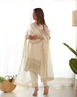 Chinon Silk Embroidered Straight Kurta Set – Ivory