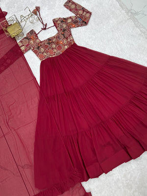 Georgette Embroidered Anarkali Set – Wine