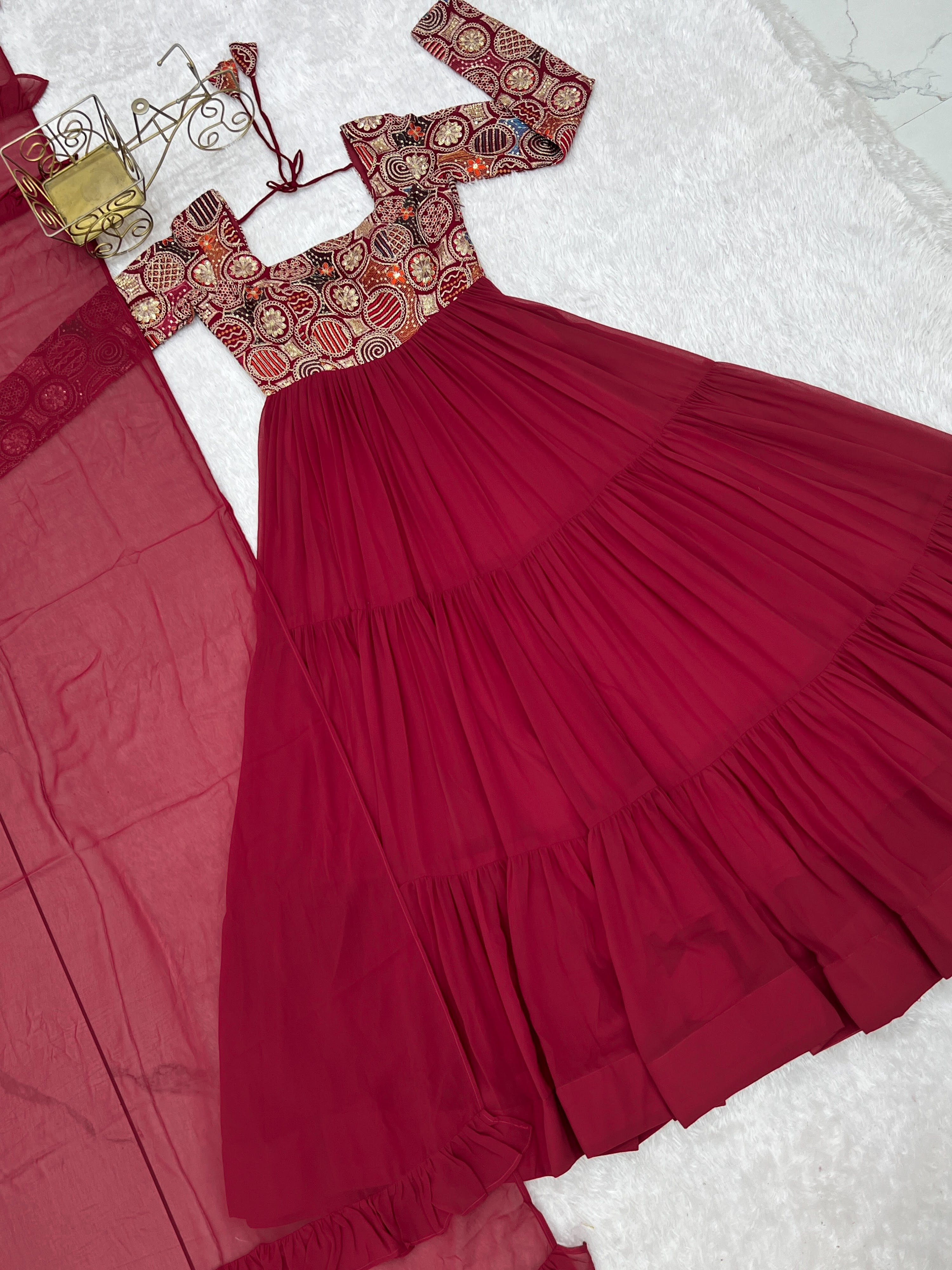 Georgette Embroidered Anarkali Set – Wine