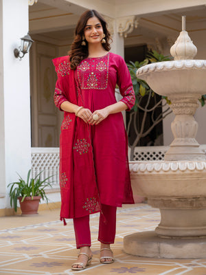 Pure Viscose Mango Silk Embroidered Straight Kurti Set – Pink