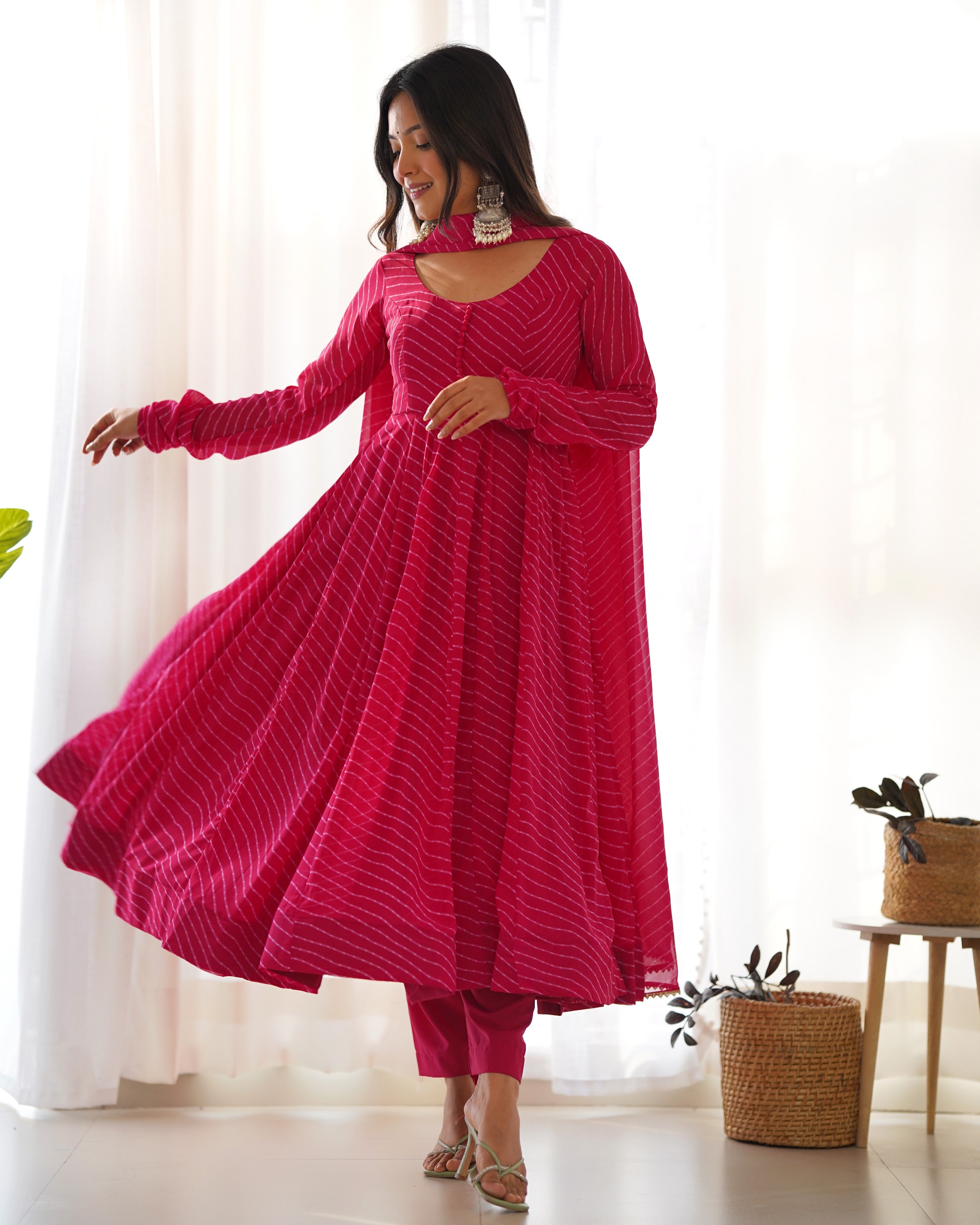 Georgette Printed Anarkali Set – Rani Pink