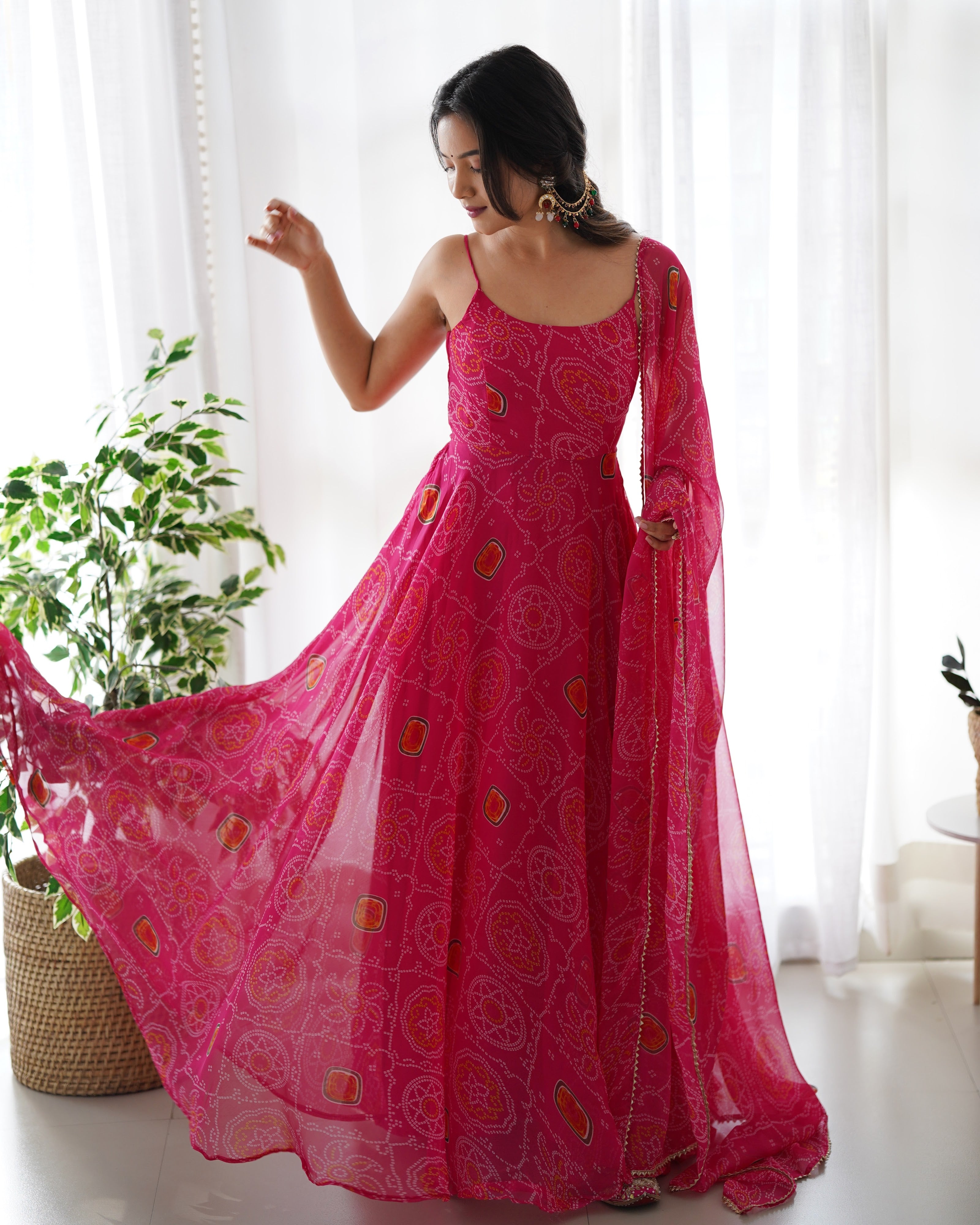 Soft Lightweight Chiffon Bandhej Embroidered Gown Set – Pink