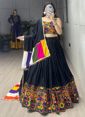 Navratri Black Gamthi Mirror Work Lehenga Set
