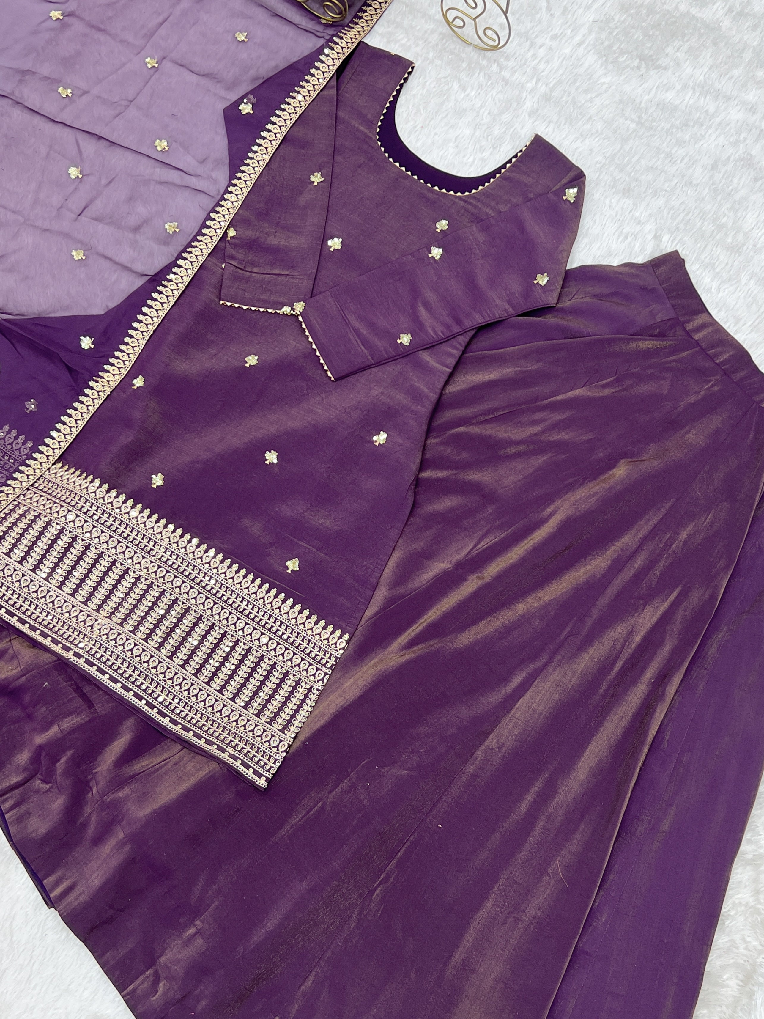 Roman Shimmer Silk Embroidered Top Set – Purple