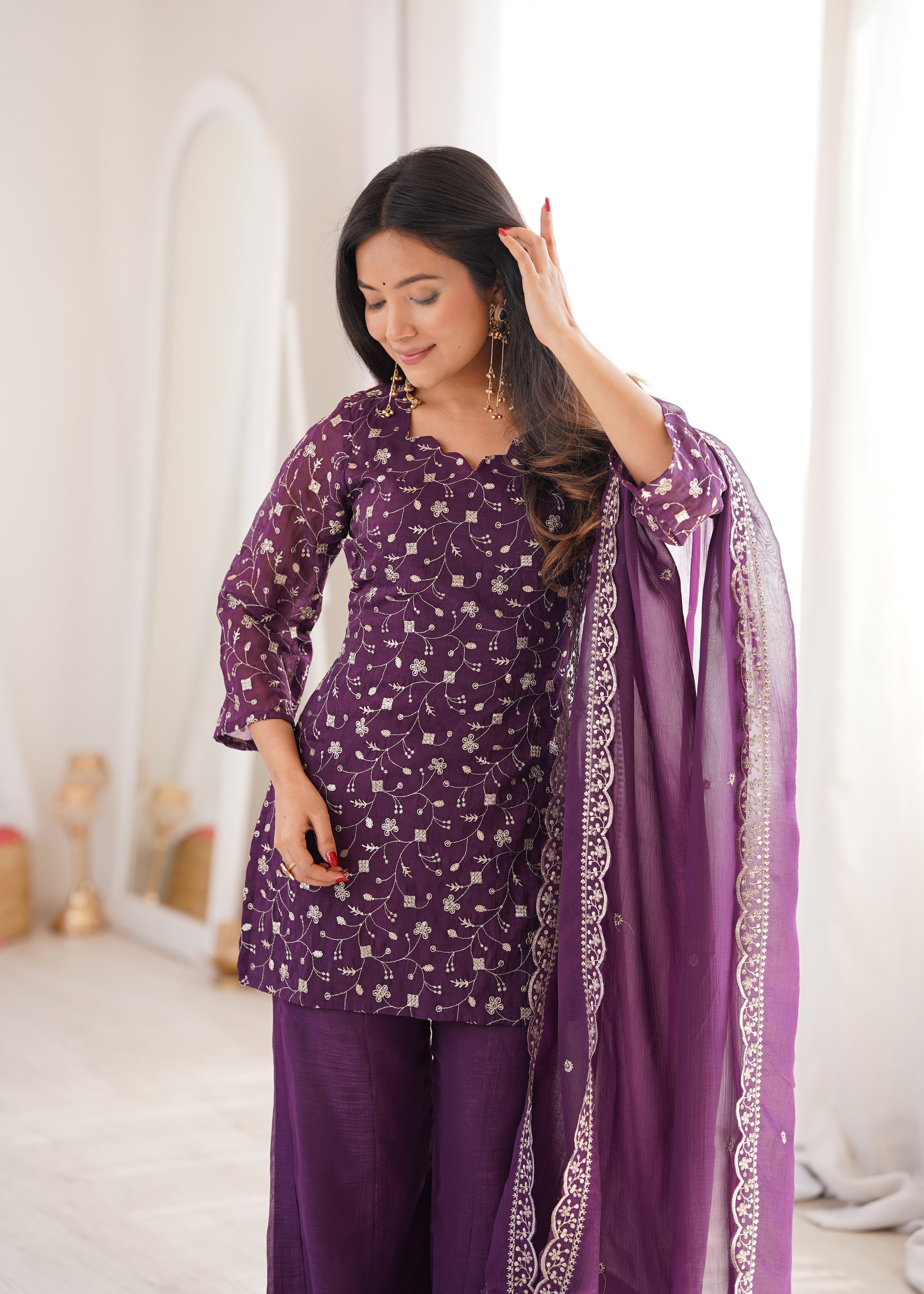 Crunchy Silk Embroidered Bell Bottom Set – Wine