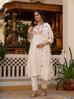 Pure Viscose Mango Silk Embroidered Straight Kurti Set – White