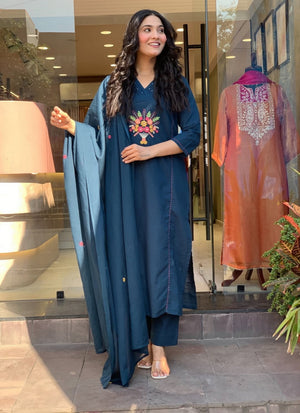 Rayon Slub Embroidered Kurta Pant Dupatta Set – Teal Blue
