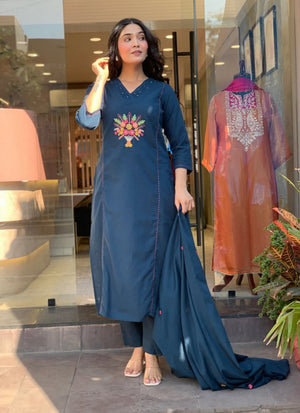 Rayon Slub Embroidered Kurta Pant Dupatta Set – Teal Blue