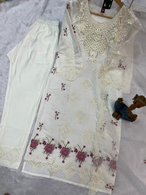 Heavy Viscose Roman Embroidered Straight Kurti Set – White