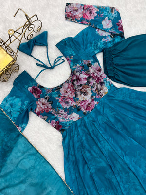 Organza Silk Printed Anarkali Set – Blue